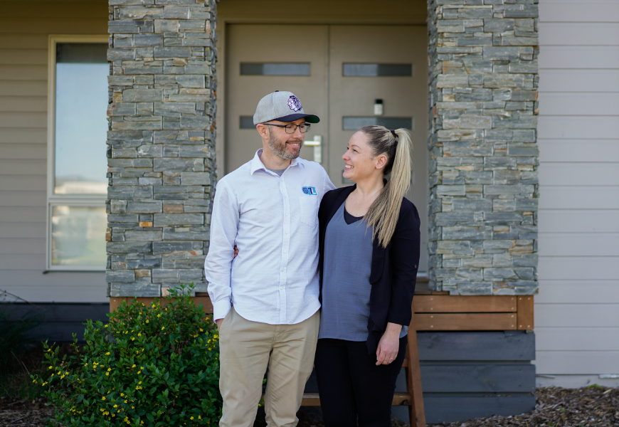 Harley and Michelle Schinagl from TerraLab standing outside their house in San Remo, Victoria
