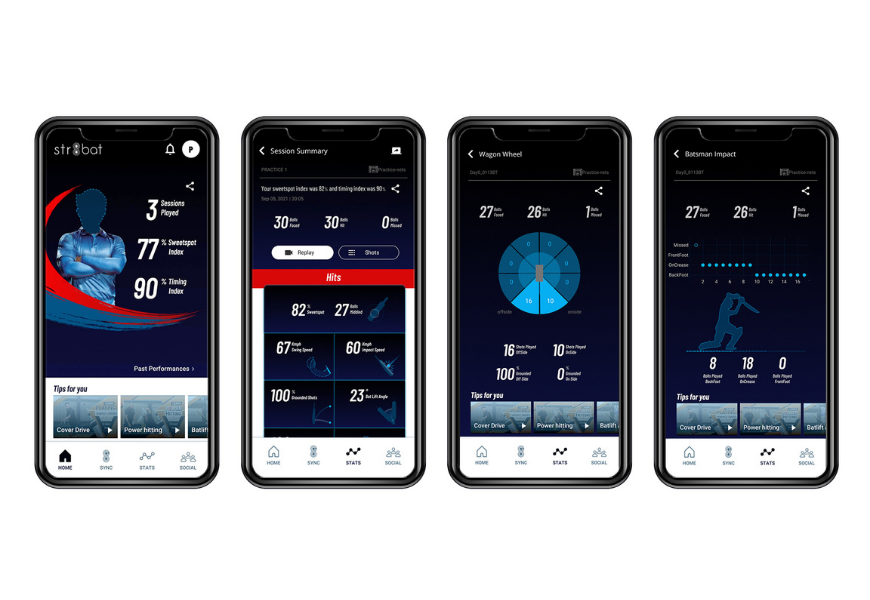 Mobile phone screens showing statistics from str8bat cricket bat sensor