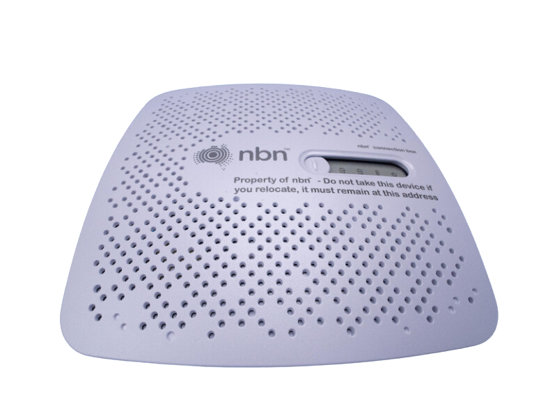 Small white box with sign on it: 'Property of nbn. Do not take this device if you relocate, it must remain at this address'