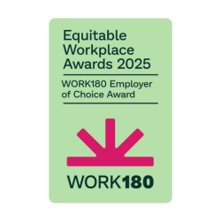Logo for Equitable Workplace Awards 2025 Work 180 Employer of Choice award 