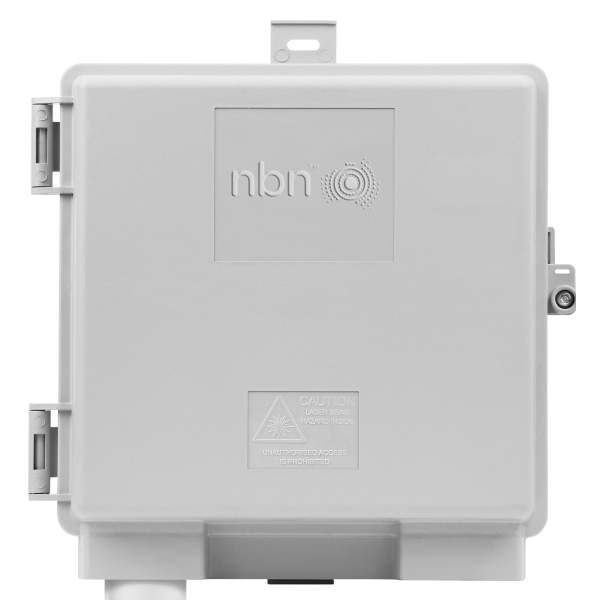 nbn Fibre to the Premises connection box mounted on an external wall, providing a direct fibre‑optic connection to the property.