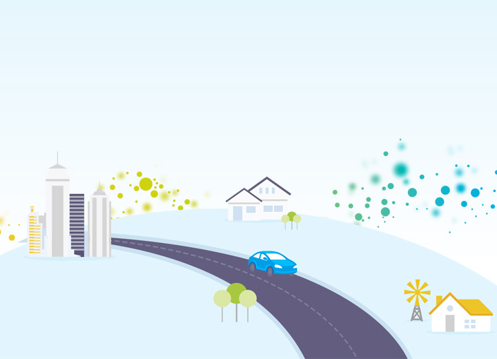 Illustration of an office building, home and farm connected to the nbn network, with a car travelling in front.