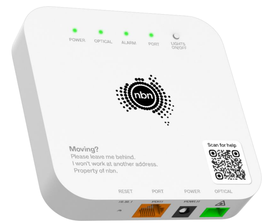 A white nbn one port FTTP connection box with all ports and 4 lights visible.