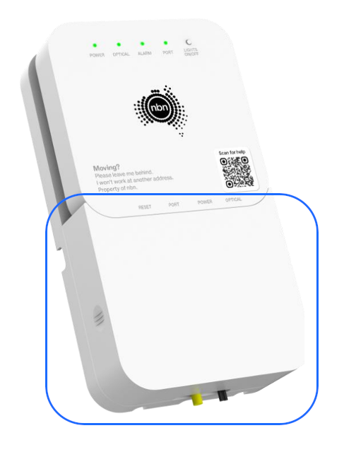A white nbn one port connection box wall mount bracket with removable cover.