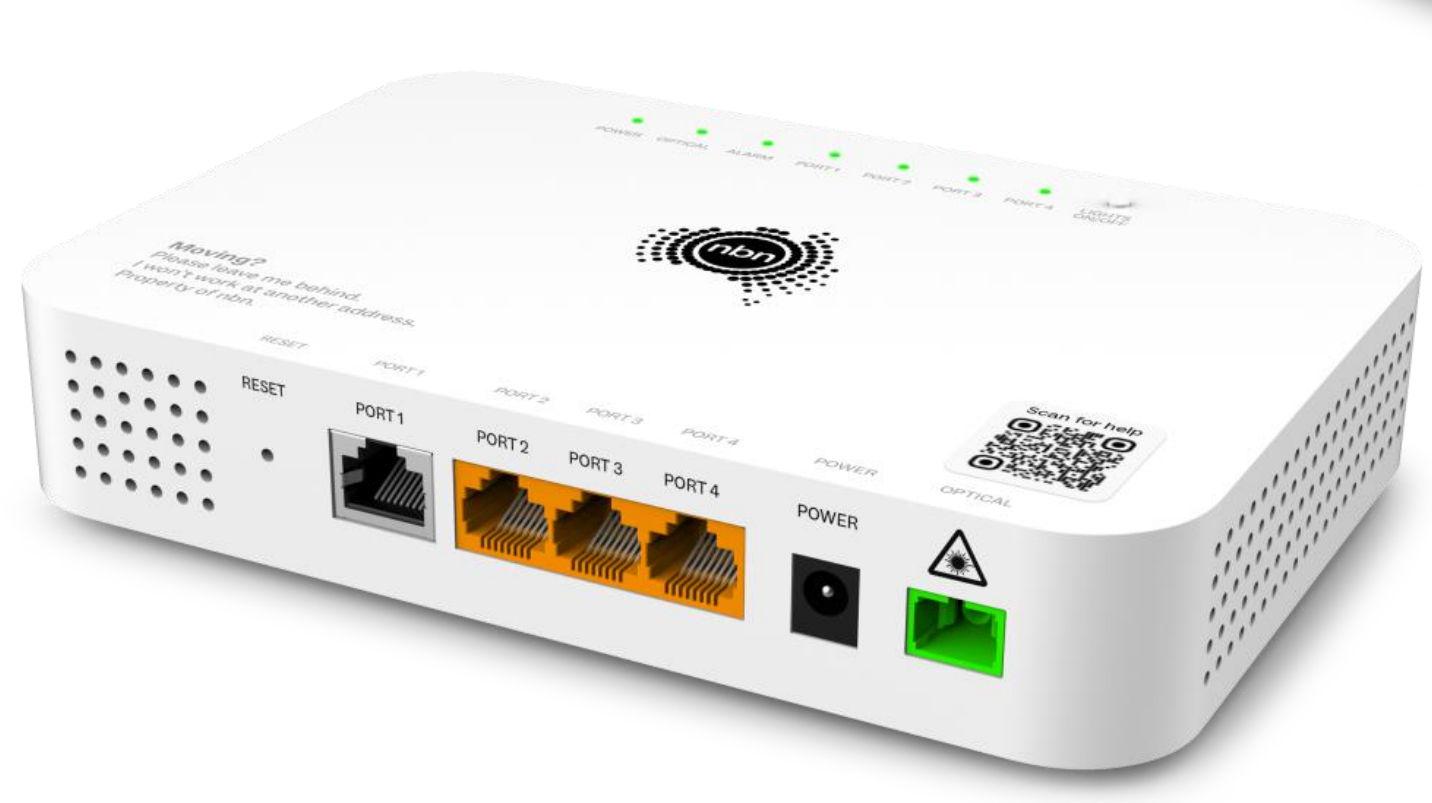 A white nbn four port FTTP connection box with all ports visible.