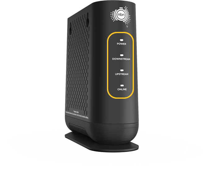 Black nbn HFC connection box. Four lights on the front of the unit are highlighted. From top to bottom these lights are labelled: Power, Downstream, Upstream and Online.