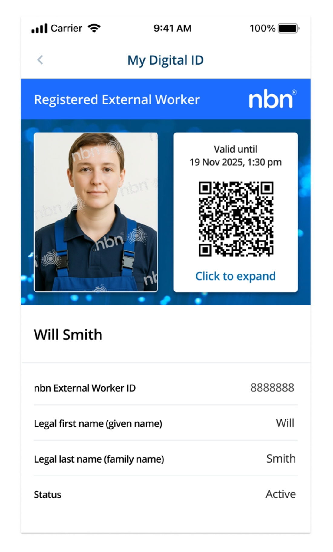 nbn digital identification card showing a QR code and a picture of a womans face