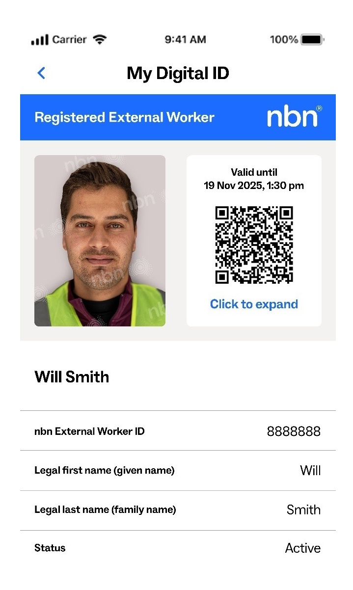 nbn digital identification card showing a QR code and a picture of a mans face