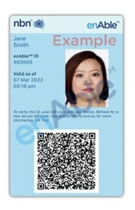 nbn digital identification card showing a QR code and a picture of a womans face