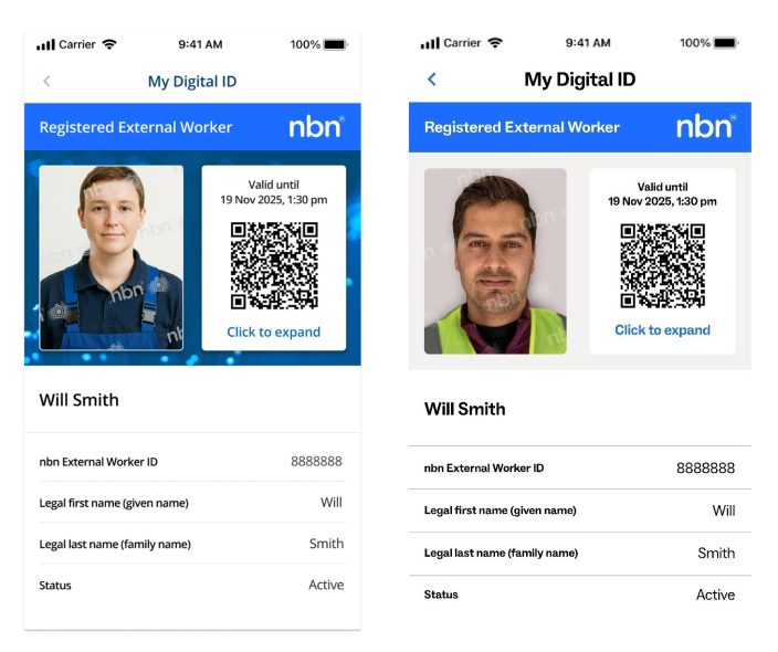 nbn digital identification card showing a QR code and a picture of a womans face