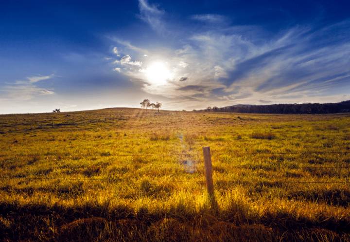 Sun shining in a cloudy blue sky over a farm paddock in regional Australia